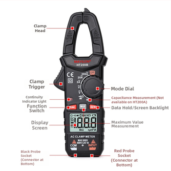 Mai Yilong digitálny klampmetr HT200A/HT200B: napätie 0–750 V, prúd do 600 A, odpor 40 mΩ, otvor čeľuste 25 mm