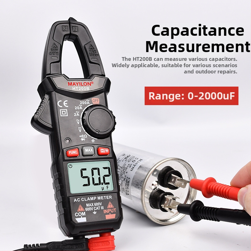 Mai Yilong digitālais klipu multimetrs HT200A/HT200B: spriegums 0–750 V, strāva līdz 600 A, pretestība 40 mΩ, atvērums 25 mm