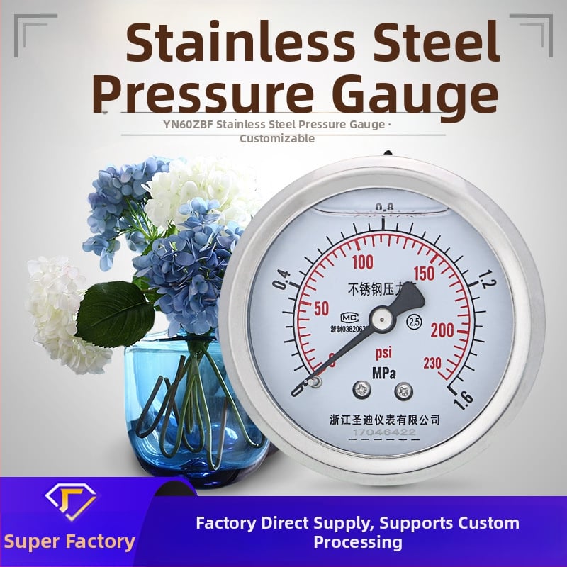 Panelový tlakomer z nehrdzavejúcej ocele, nárazuvzdorný, model YN60ZBF, závitové pripojenie, presnosť 2.5, teplotný rozsah prostredia -40 až 200 °C