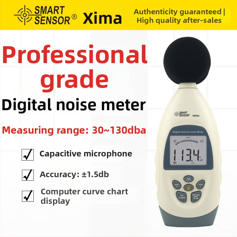 AR844 Digitálny hlukomer s rozsahom 30-130 dB, presnosť ±1,5 dB, prevádzková teplota 0-50 °C