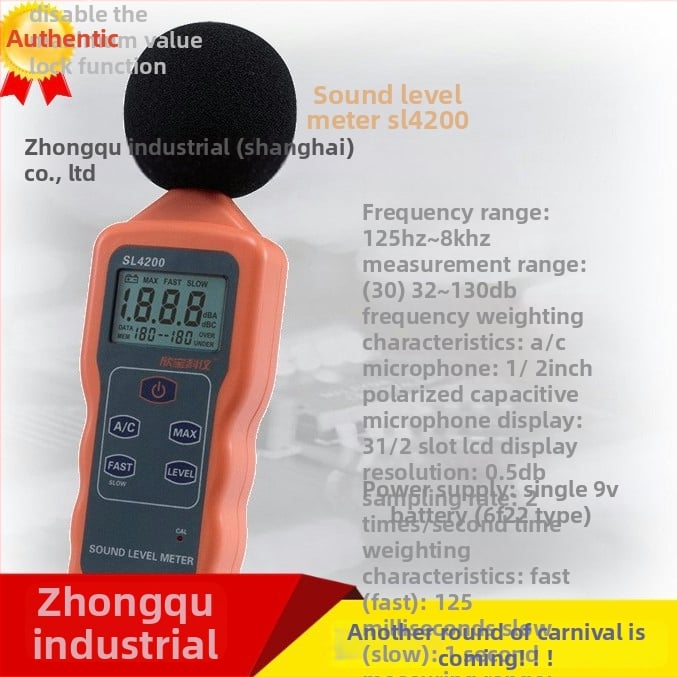 SL4201 digitálny merací prístroj zvuku s funkciou sťahovania údajov a zaznamenávaním hluku – rozsah merania 32–130 dB, presnosť ±1.5 dB (94 dB pri 1 kHz), rozlíšenie 0.5 dB, prevádzková teplota 0–40°C