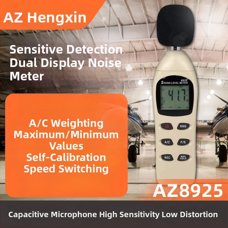 AZ8925-digitálny hlukomer, Az/Hengxin, rozsah merania 40–130 dB, presnosť ±2 dB, rozlíšenie 0,1 dB, prevádzková teplota −10 až 60 °C