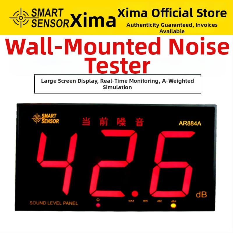 Shendawei AR884A digitálny merací prístroj hluku na stenu, rozsah 30–130 dB, presnosť ±1.5 dB, rozlíšenie 0.1 dB, prevádzková teplota 0–40°C