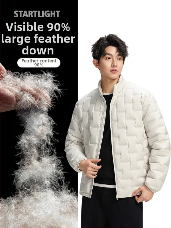 Pánska ľahká prešívaná bunda s stojatým golierom, nepremokavá a vetruodolná, výplň 600, biely kačací páper 86–90%