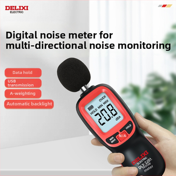 Delixi digitálny merací prístroj hluku, ručný meradlo zvuku, rozsah 30–130 dBA, presnosť ±1.5 dB, rozlíšenie 0.1 dB, prevádzková teplota 0–40 °C