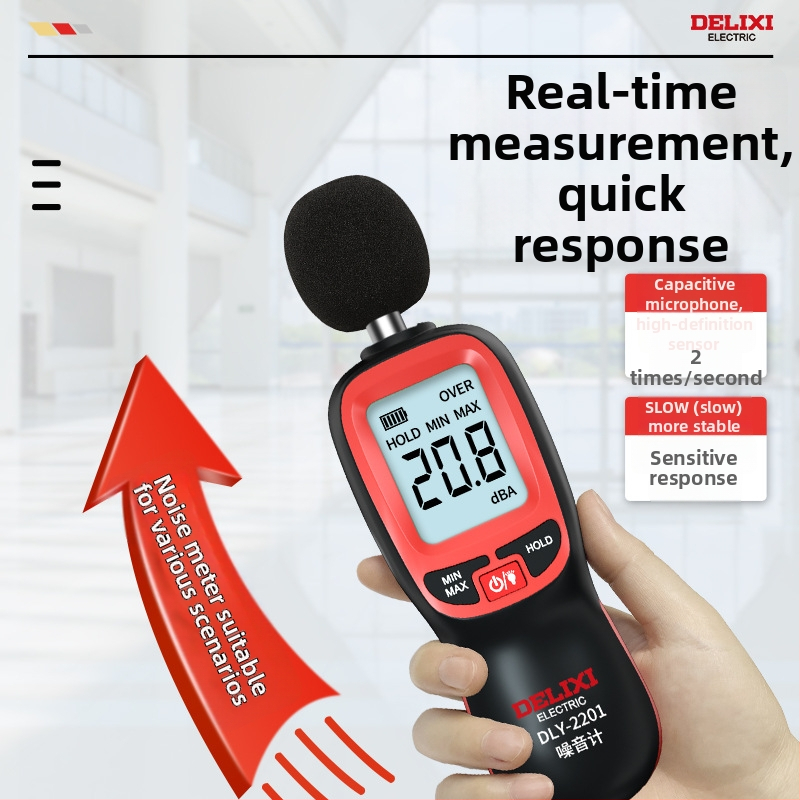Delixi digitálny merací prístroj hluku, ručný meradlo zvuku, rozsah 30–130 dBA, presnosť ±1.5 dB, rozlíšenie 0.1 dB, prevádzková teplota 0–40 °C