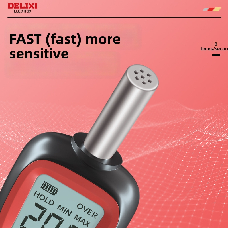 Delixi digitálny merací prístroj hluku, ručný meradlo zvuku, rozsah 30–130 dBA, presnosť ±1.5 dB, rozlíšenie 0.1 dB, prevádzková teplota 0–40 °C