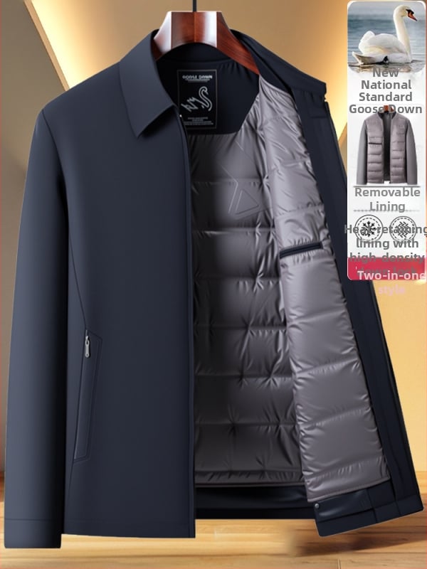 Pánske zimné kabáty z husacieho peria, hrubý, s odnímateľnou vnútornou podšívkou a otočnou golou - Výplň: 800; Obsah peria: 76–80%; Strih: priliehavý