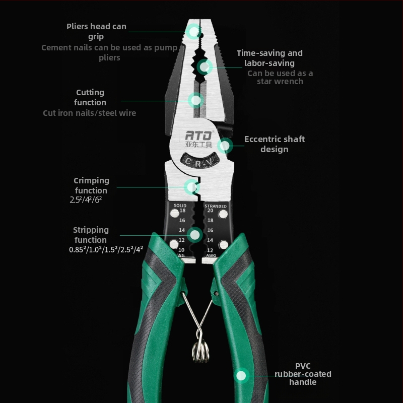 Clește de blocare cu arc, nasuri subțiri, dezizolarea cablurilor, oțel crom-vanadiu, industrial