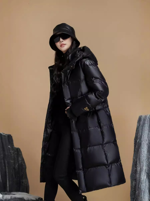 Prešívaný kabát s husím perím, extra hrubý, s kapucňou, predĺžený strih, výplň 301–350 g