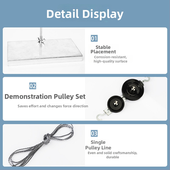 Fyzikálne učebné pomôcky: sada kladiek pre výučbu s držiakom a kovovými háčikmi, dynamometer (Kov)