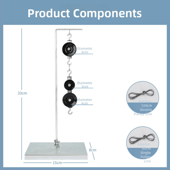 Fyzikálne učebné pomôcky: sada kladiek pre výučbu s držiakom a kovovými háčikmi, dynamometer (Kov)