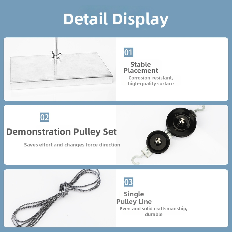 Fyzikálne učebné pomôcky: sada kladiek pre výučbu s držiakom a kovovými háčikmi, dynamometer (Kov)