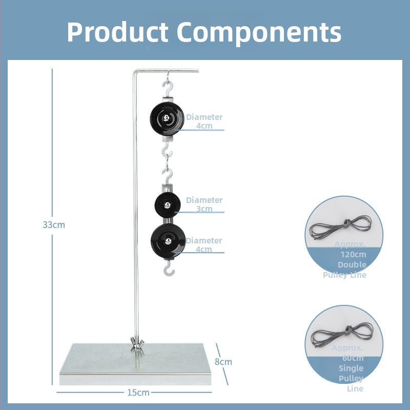 Fyzikálne učebné pomôcky: sada kladiek pre výučbu s držiakom a kovovými háčikmi, dynamometer (Kov)