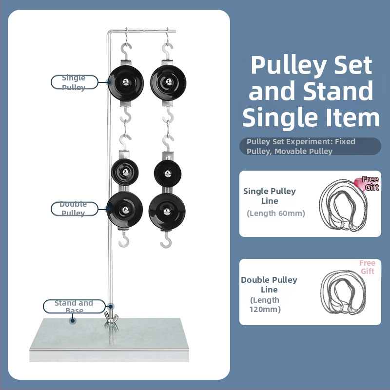 Fyzikálne učebné pomôcky: sada kladiek pre výučbu s držiakom a kovovými háčikmi, dynamometer (Kov)