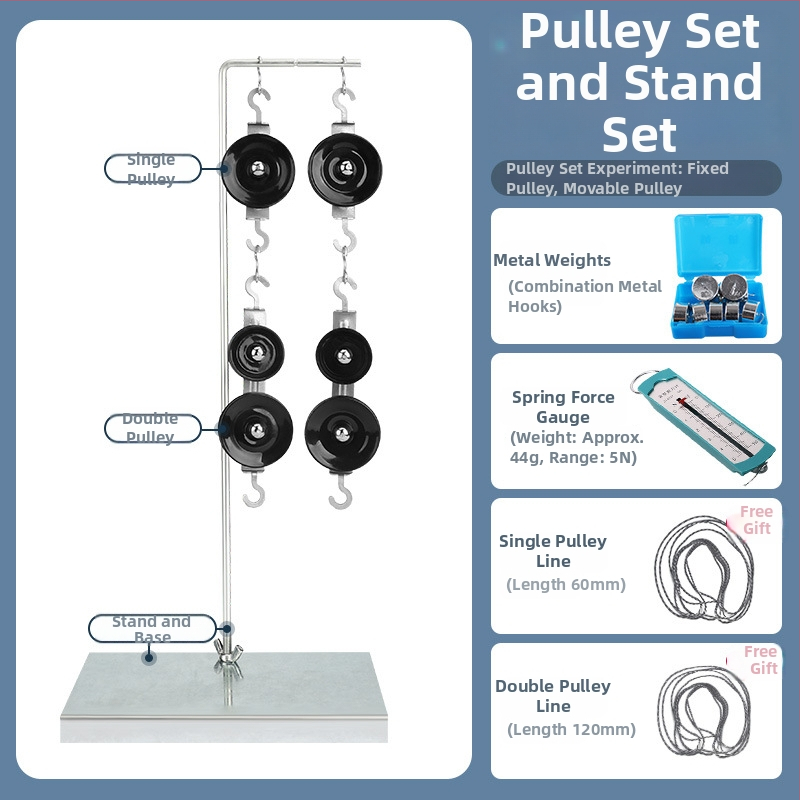 Fyzikálne učebné pomôcky: sada kladiek pre výučbu s držiakom a kovovými háčikmi, dynamometer (Kov)