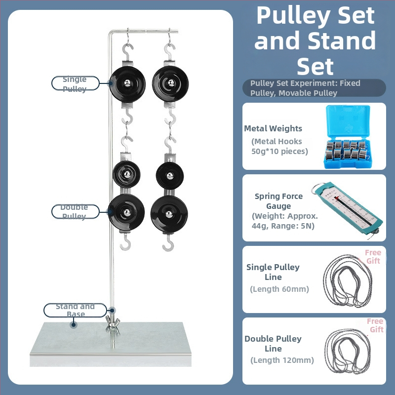 Fyzikálne učebné pomôcky: sada kladiek pre výučbu s držiakom a kovovými háčikmi, dynamometer (Kov)