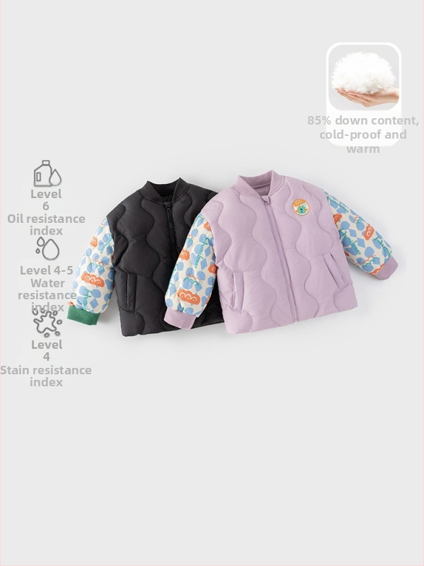 Detská zimná bunda z bieleho kačacieho peria, krátky strih, voľný strih, bez kapucne, 81–85% peria, vonkajšia látka a podšívka z polyestru, karikatúrny dizajn, pre vek 1–3 roky (80–100 cm), zimné