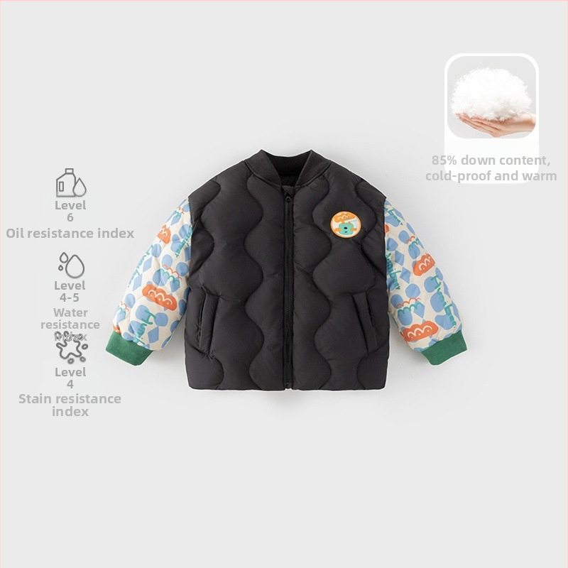Detská zimná bunda z bieleho kačacieho peria, krátky strih, voľný strih, bez kapucne, 81–85% peria, vonkajšia látka a podšívka z polyestru, karikatúrny dizajn, pre vek 1–3 roky (80–100 cm), zimné
