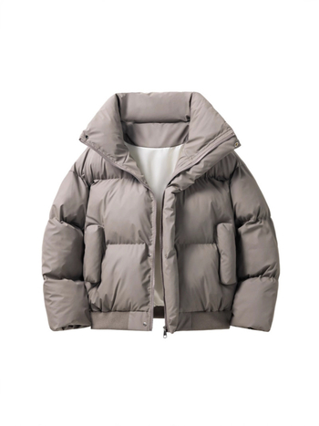 Vyrinė striukė su poliesterio užpildais, stovi kaklo, laisvas siluetas, užtrauktukas, be gobtuvo, žieminė striukė 2025