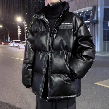 Žieminė pūkinė striukė su stovinčia apykakle, šilko-kokvilnos užpildas, priekinis užsegimas, laisvas kirpimas, storas šilumos sluoksnis, PU odos akcentai