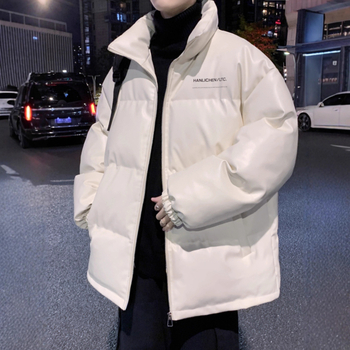 Žieminė pūkinė striukė su stovinčia apykakle, šilko-kokvilnos užpildas, priekinis užsegimas, laisvas kirpimas, storas šilumos sluoksnis, PU odos akcentai