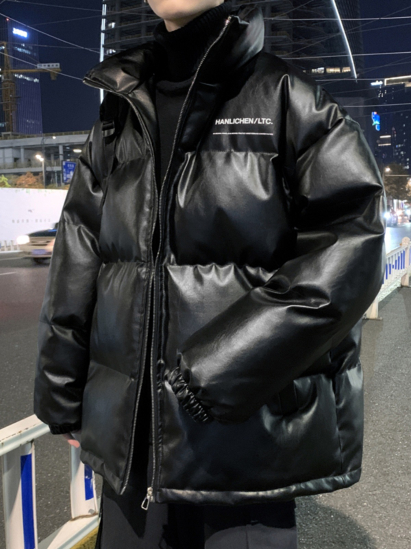 Žieminė pūkinė striukė su stovinčia apykakle, šilko-kokvilnos užpildas, priekinis užsegimas, laisvas kirpimas, storas šilumos sluoksnis, PU odos akcentai