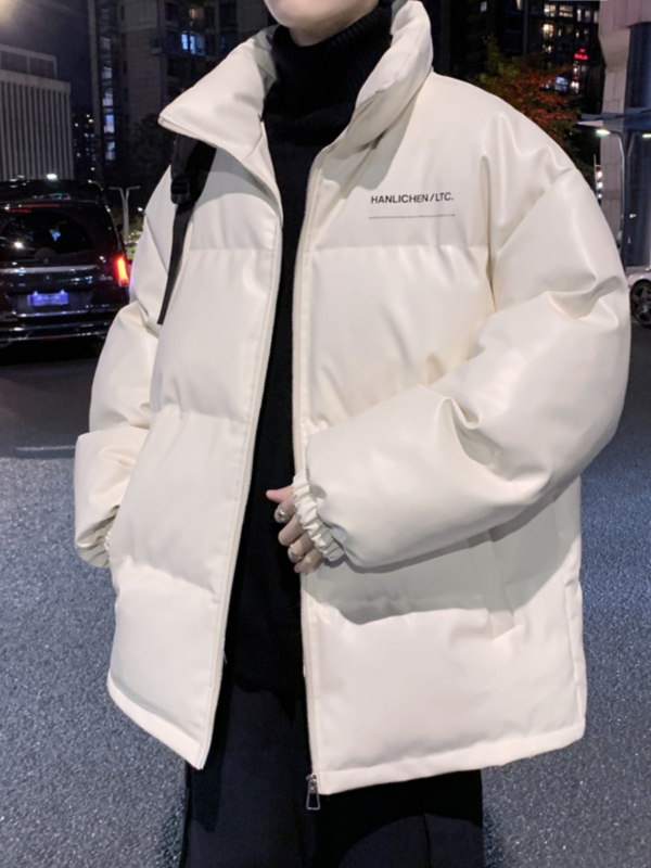 Žieminė pūkinė striukė su stovinčia apykakle, šilko-kokvilnos užpildas, priekinis užsegimas, laisvas kirpimas, storas šilumos sluoksnis, PU odos akcentai