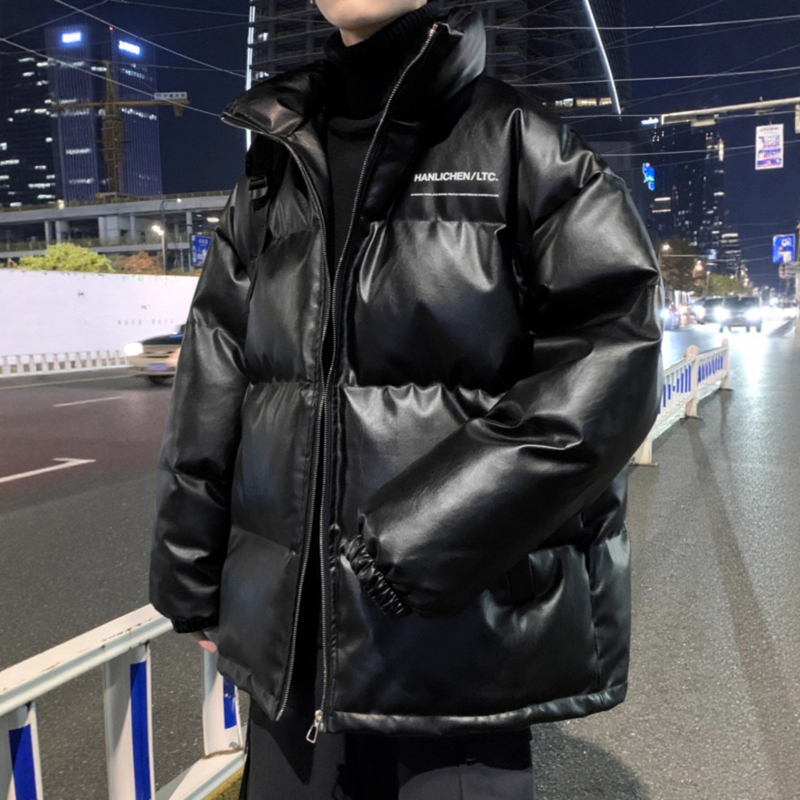 Žieminė pūkinė striukė su stovinčia apykakle, šilko-kokvilnos užpildas, priekinis užsegimas, laisvas kirpimas, storas šilumos sluoksnis, PU odos akcentai