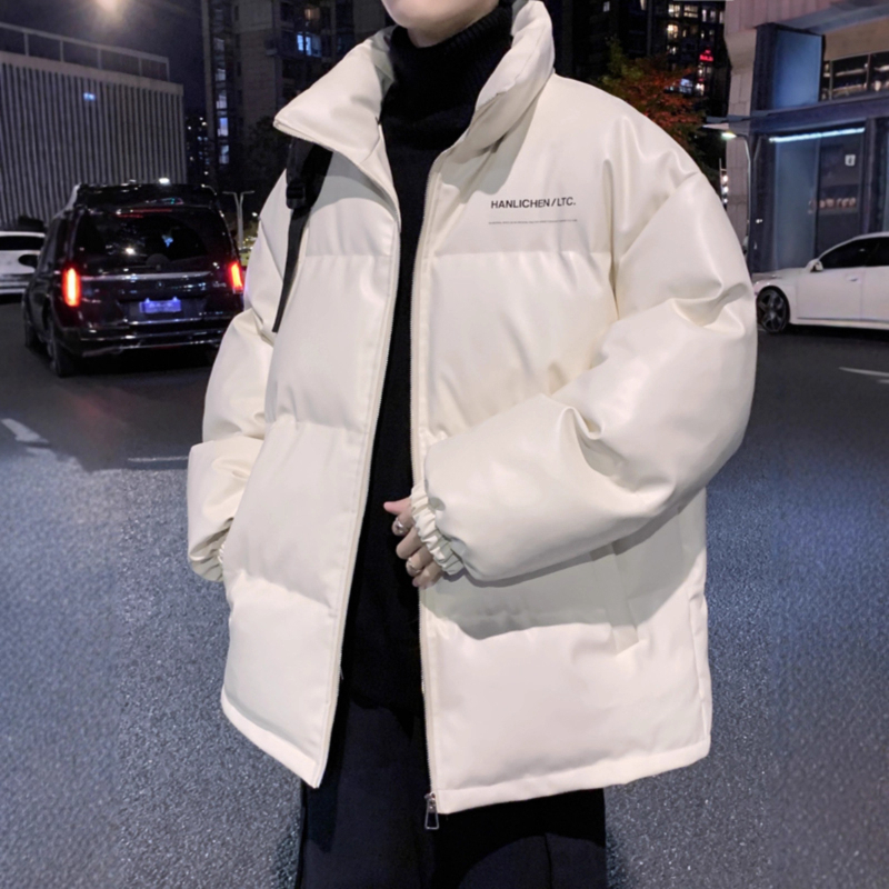 Žieminė pūkinė striukė su stovinčia apykakle, šilko-kokvilnos užpildas, priekinis užsegimas, laisvas kirpimas, storas šilumos sluoksnis, PU odos akcentai