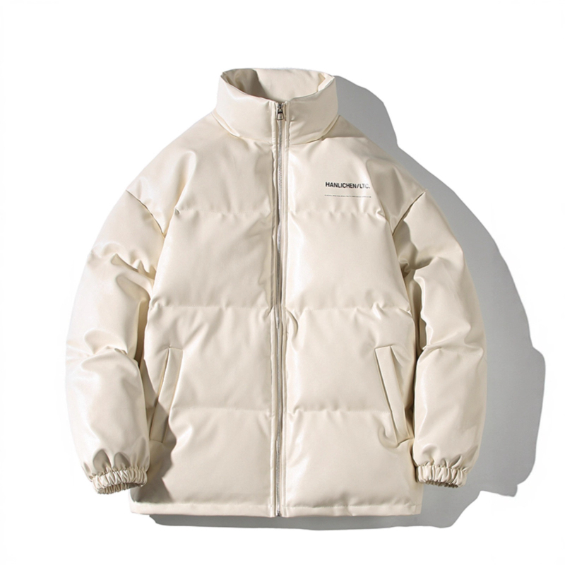 Žieminė pūkinė striukė su stovinčia apykakle, šilko-kokvilnos užpildas, priekinis užsegimas, laisvas kirpimas, storas šilumos sluoksnis, PU odos akcentai