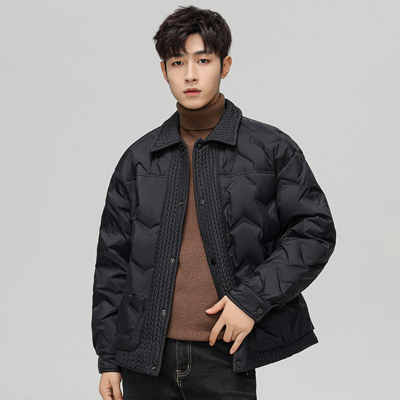 Pánska zimná bunda s bielym kačacím perím, výplň 146–185 g, 550 výplňová sila, vetruodolná, golier rever, bez kapucne