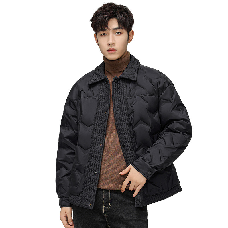 Pánska zimná bunda s bielym kačacím perím, výplň 146–185 g, 550 výplňová sila, vetruodolná, golier rever, bez kapucne