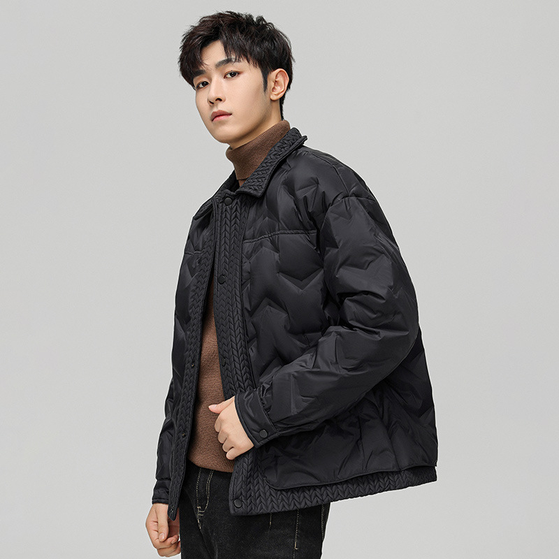 Pánska zimná bunda s bielym kačacím perím, výplň 146–185 g, 550 výplňová sila, vetruodolná, golier rever, bez kapucne