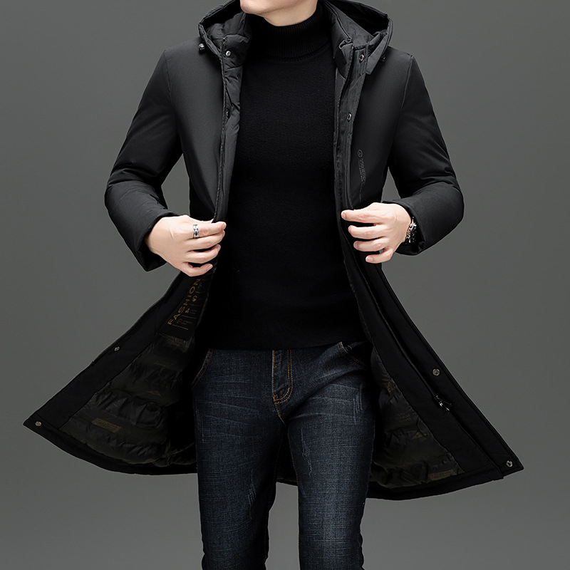 Ilga žieminė medvilninė striukė su storu užpildymu, be gobtuvo, užtrauktukas, šoninės kišenės, medvilnės mišinio audinys