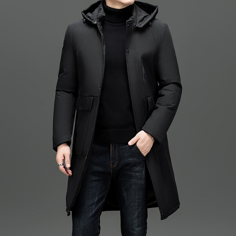 Ilga žieminė medvilninė striukė su storu užpildymu, be gobtuvo, užtrauktukas, šoninės kišenės, medvilnės mišinio audinys