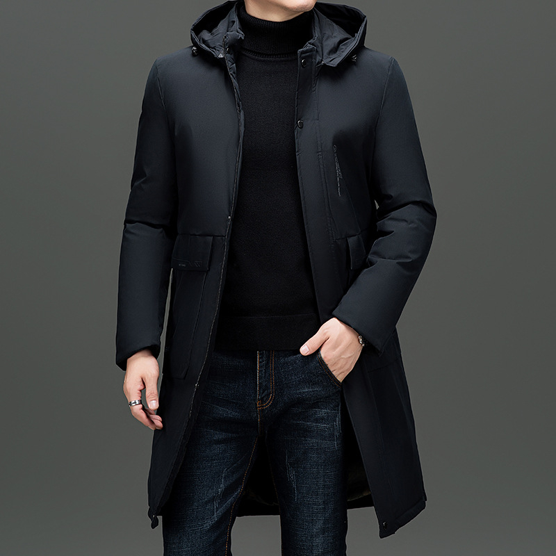 Ilga žieminė medvilninė striukė su storu užpildymu, be gobtuvo, užtrauktukas, šoninės kišenės, medvilnės mišinio audinys