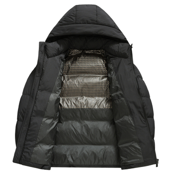 Pánska zimná bunda s kačacím páperím, výplň 650, podiel peria 86–90%, s kapucňou a zipsom, mäkká polyesterová tkanina