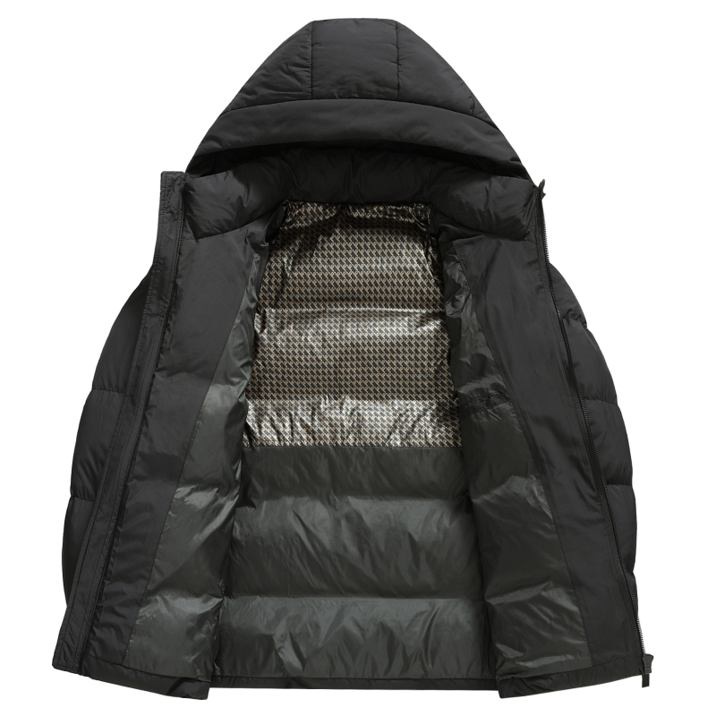 Pánska zimná bunda s kačacím páperím, výplň 650, podiel peria 86–90%, s kapucňou a zipsom, mäkká polyesterová tkanina