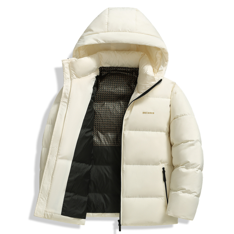 Pánska zimná bunda s kačacím páperím, výplň 650, podiel peria 86–90%, s kapucňou a zipsom, mäkká polyesterová tkanina