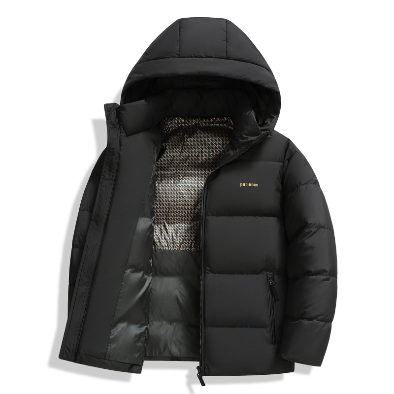 Pánska zimná bunda s kačacím páperím, výplň 650, podiel peria 86–90%, s kapucňou a zipsom, mäkká polyesterová tkanina
