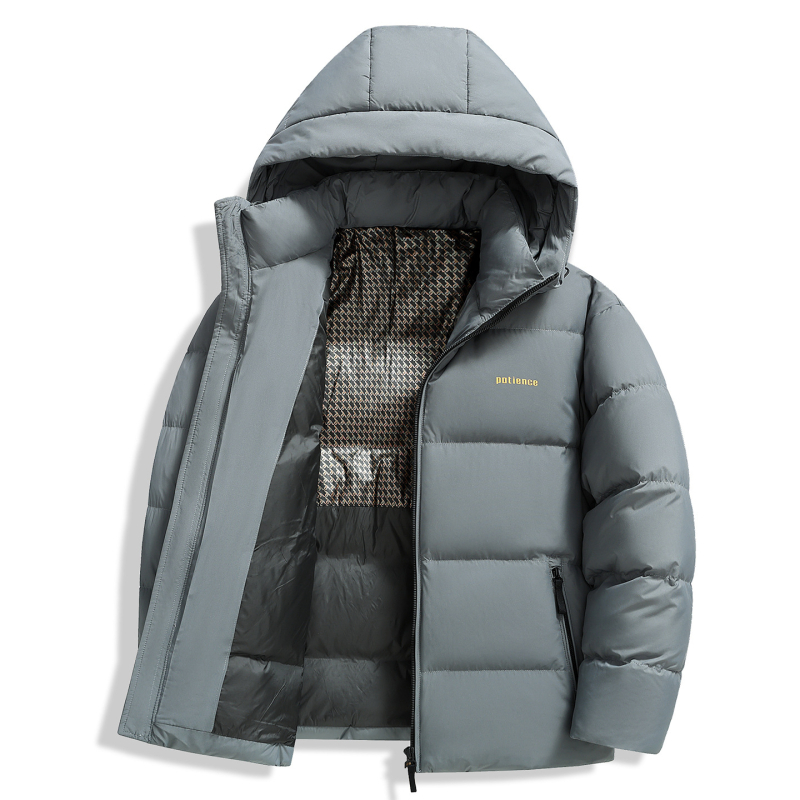 Pánska zimná bunda s kačacím páperím, výplň 650, podiel peria 86–90%, s kapucňou a zipsom, mäkká polyesterová tkanina