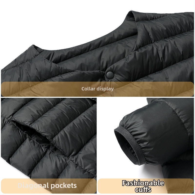 Vyriska pūkinė striukė – lengva žieminė, balta antis pūka (86–90%), 550 užpildymo galia, išorinis audinys nailonas/poliamidas 100%, pamušalas poliesteris 100%, siauras kirpimas