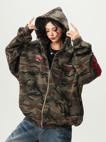 Κουκούλα cardigan φούτερ με σταθερό γιακά, εκτύπωση με χρωματικά μπλοκ, φαρδιά γραμμή, πλαϊνές τσέπες, πολυεστέρας 96%