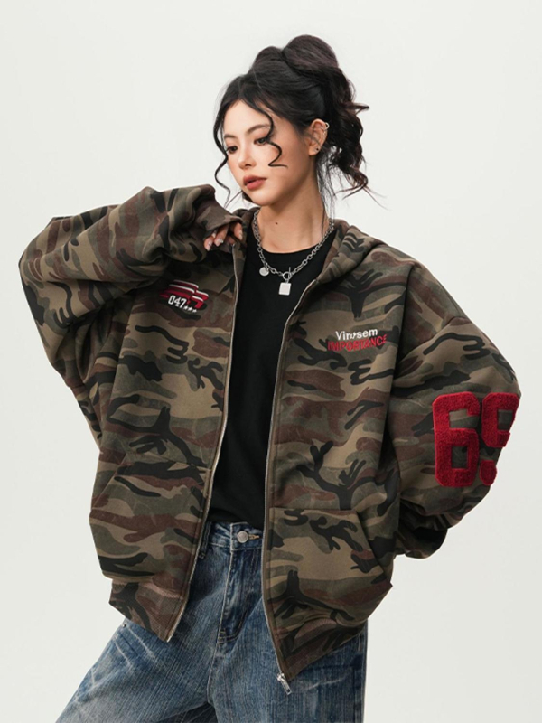 Κουκούλα cardigan φούτερ με σταθερό γιακά, εκτύπωση με χρωματικά μπλοκ, φαρδιά γραμμή, πλαϊνές τσέπες, πολυεστέρας 96%