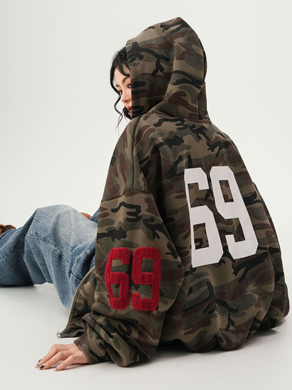 Κουκούλα cardigan φούτερ με σταθερό γιακά, εκτύπωση με χρωματικά μπλοκ, φαρδιά γραμμή, πλαϊνές τσέπες, πολυεστέρας 96%