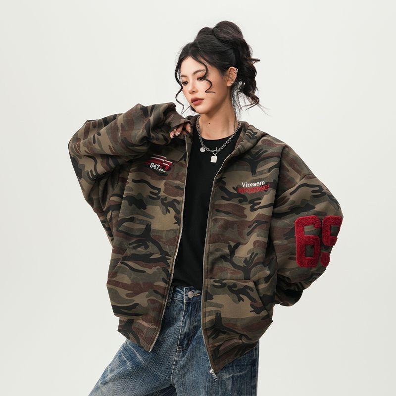 Κουκούλα cardigan φούτερ με σταθερό γιακά, εκτύπωση με χρωματικά μπλοκ, φαρδιά γραμμή, πλαϊνές τσέπες, πολυεστέρας 96%