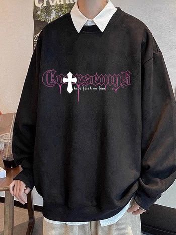 Пуловер от суед велур, кръгло деколте, къси ръкави, принт, свободен силует