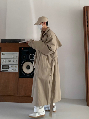 ASCLO Windbreaker kabát v korejskom štýle, dlhý voľný strih, 90% bavlna, dvojradové zapínanie, jednofarebný