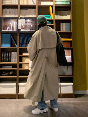 ASCLO Windbreaker kabát v korejskom štýle, dlhý voľný strih, 90% bavlna, dvojradové zapínanie, jednofarebný